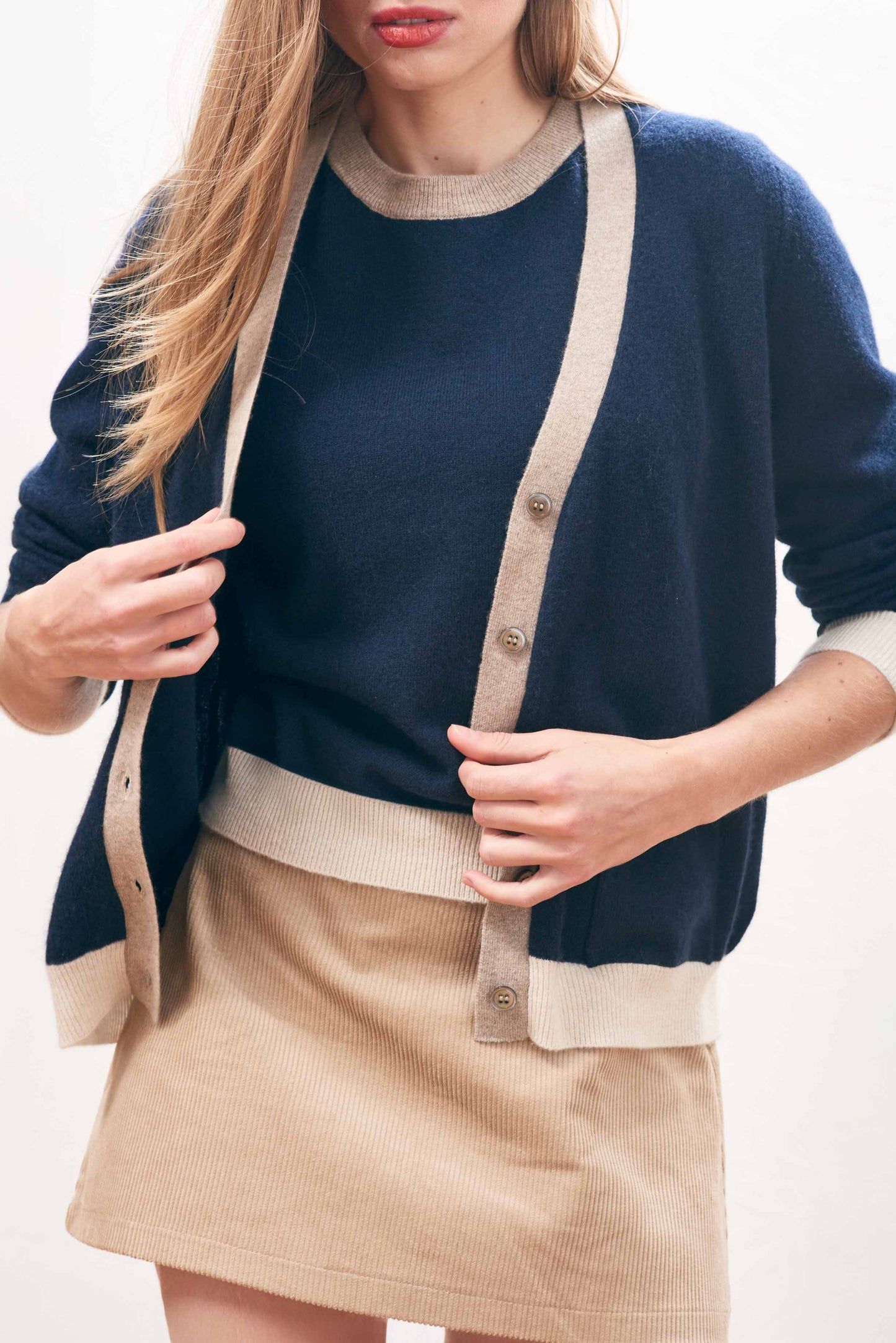 Many Contrast Cashmere Cardigan Navy