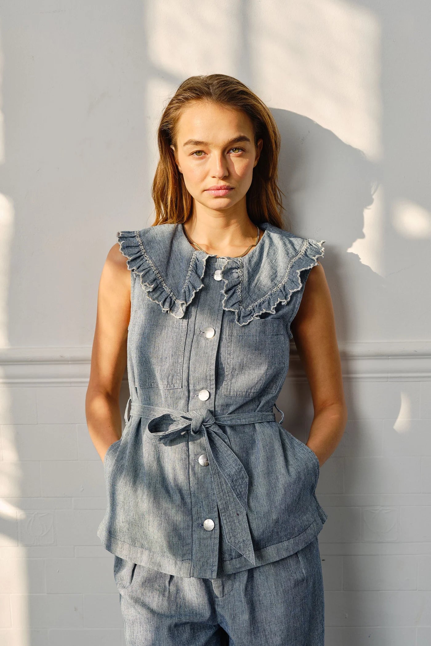 Phoebe Waistcoat In Indigo Linen