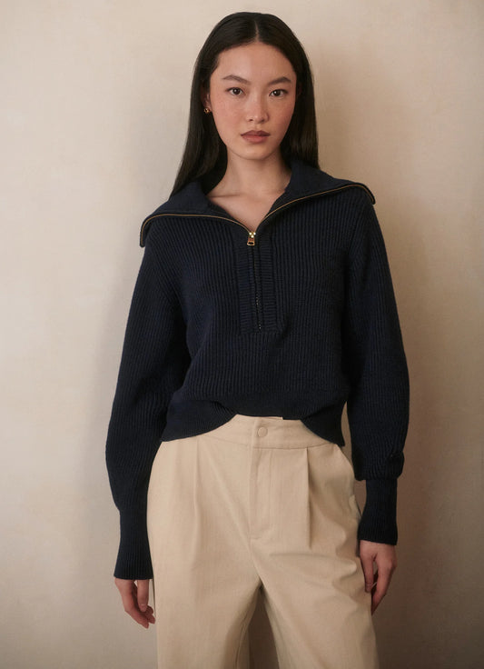 Maura Half Zip Rib Knit - Navy