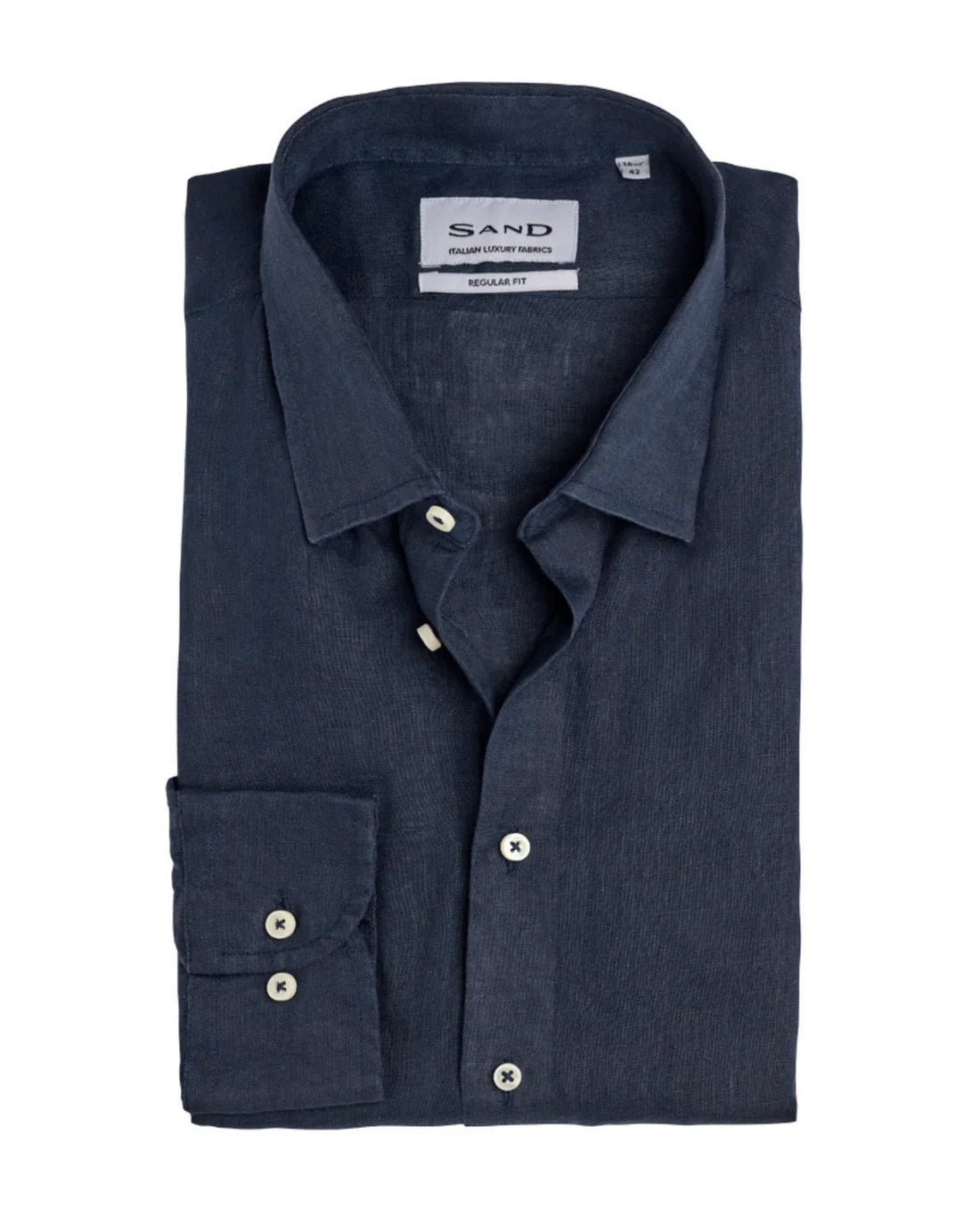 Folded navy blue shirt with a visible brand label on a white background