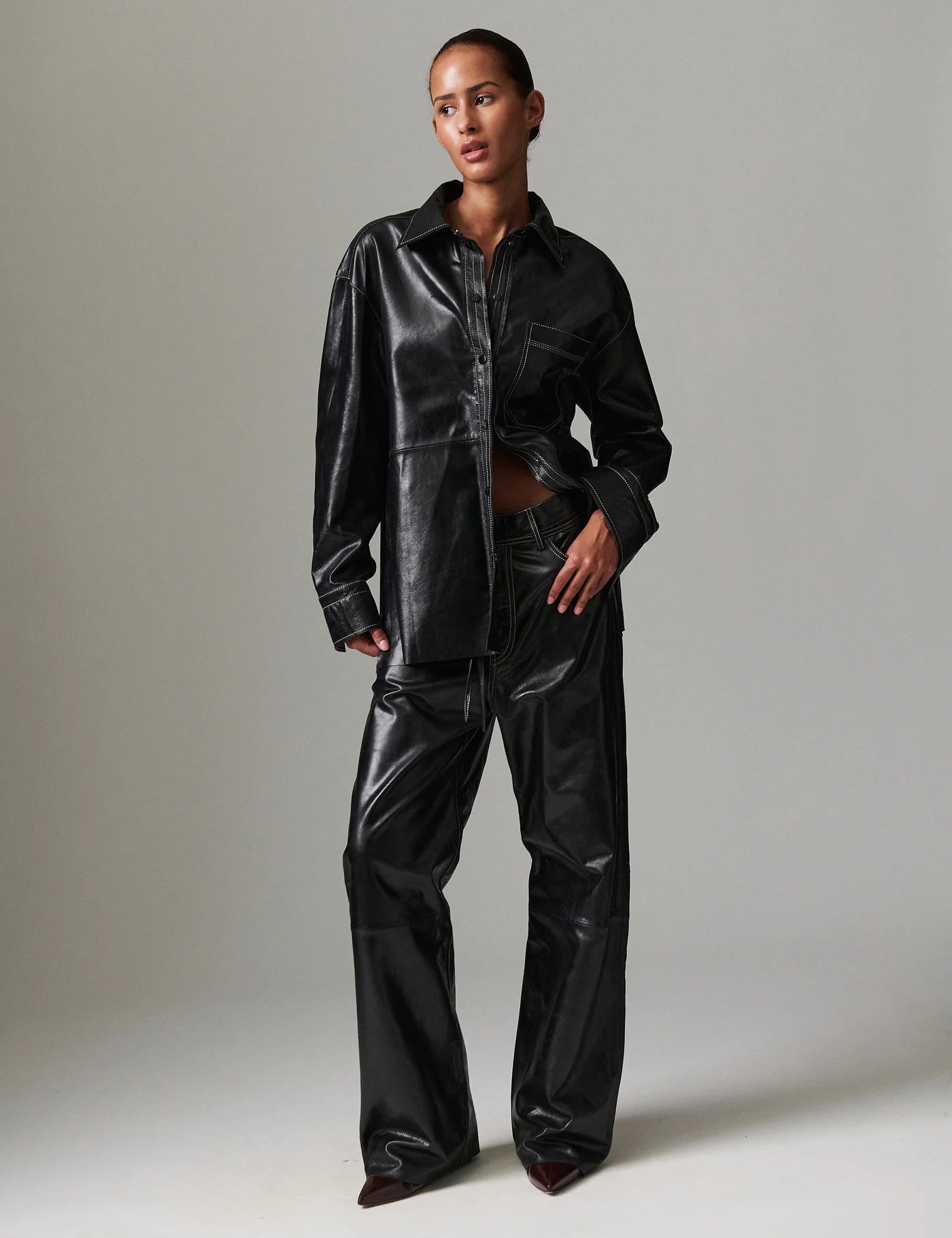 Andreas Polished Leather Shirt - Black