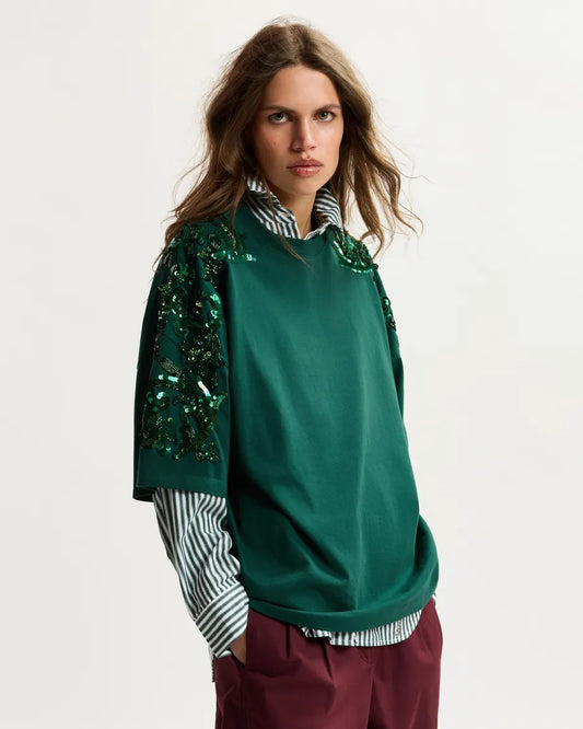 Dark green cotton T-shirt with floral sequin and bead-embellished embroidery