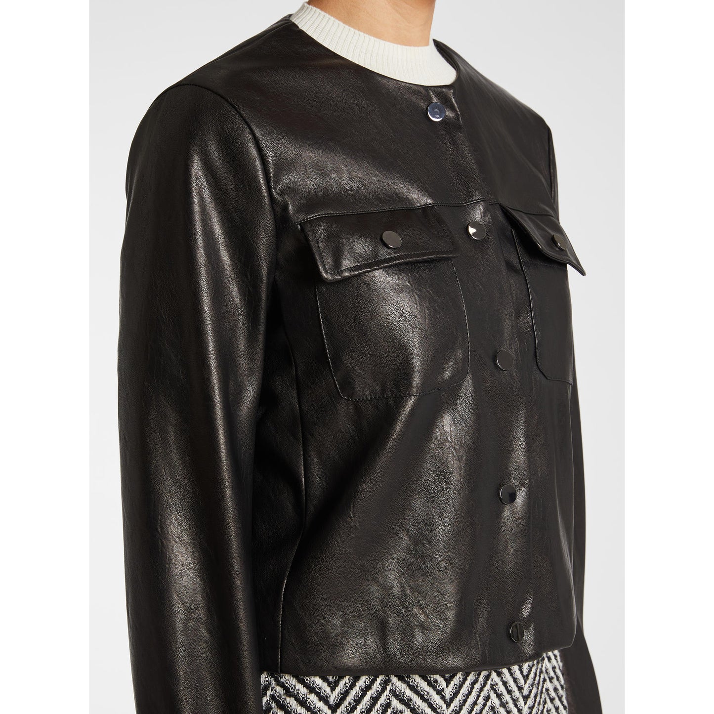 Faux Leather Collarless Jacket