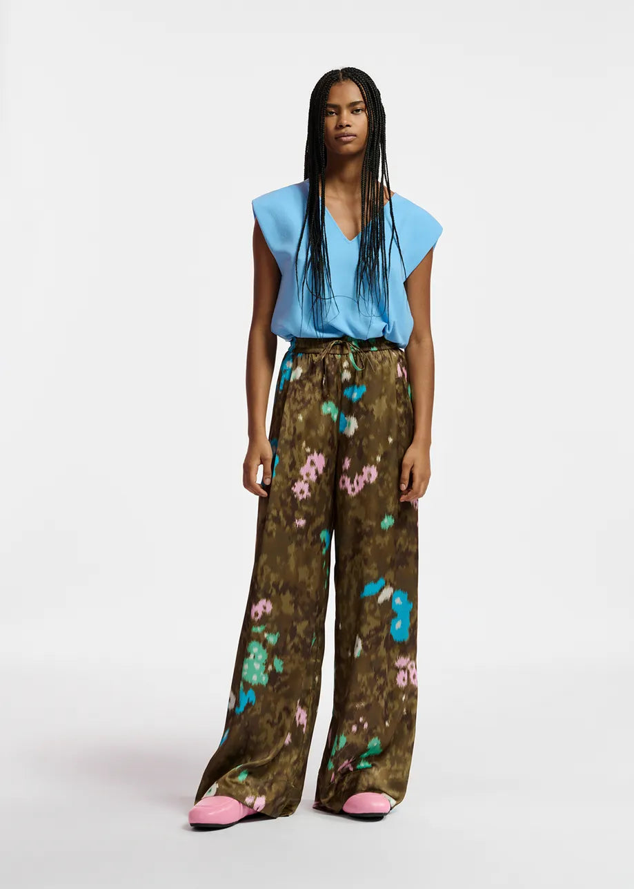 Khaki Floral Print Wide-Leg Pant