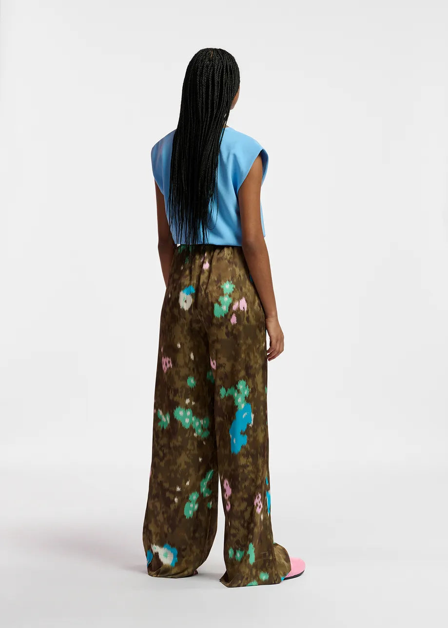 Khaki Floral Print Wide-Leg Pant