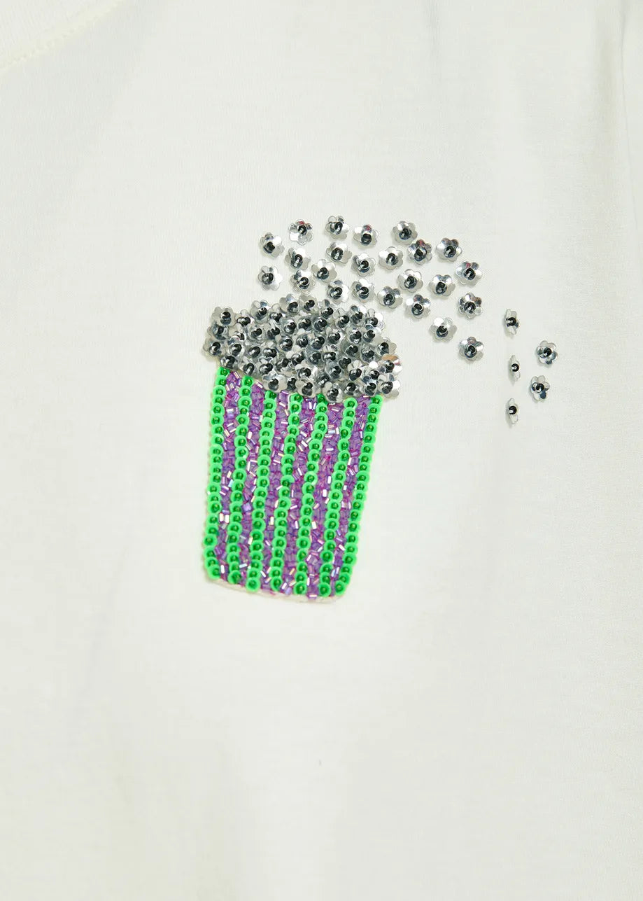 Off White T-Shirt With Popcorn Embroidery