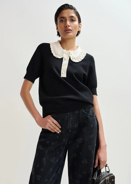 Jewelry Ruffle Polo - Black