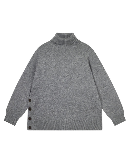 Cashmere Wool Button Roll Neck Grey