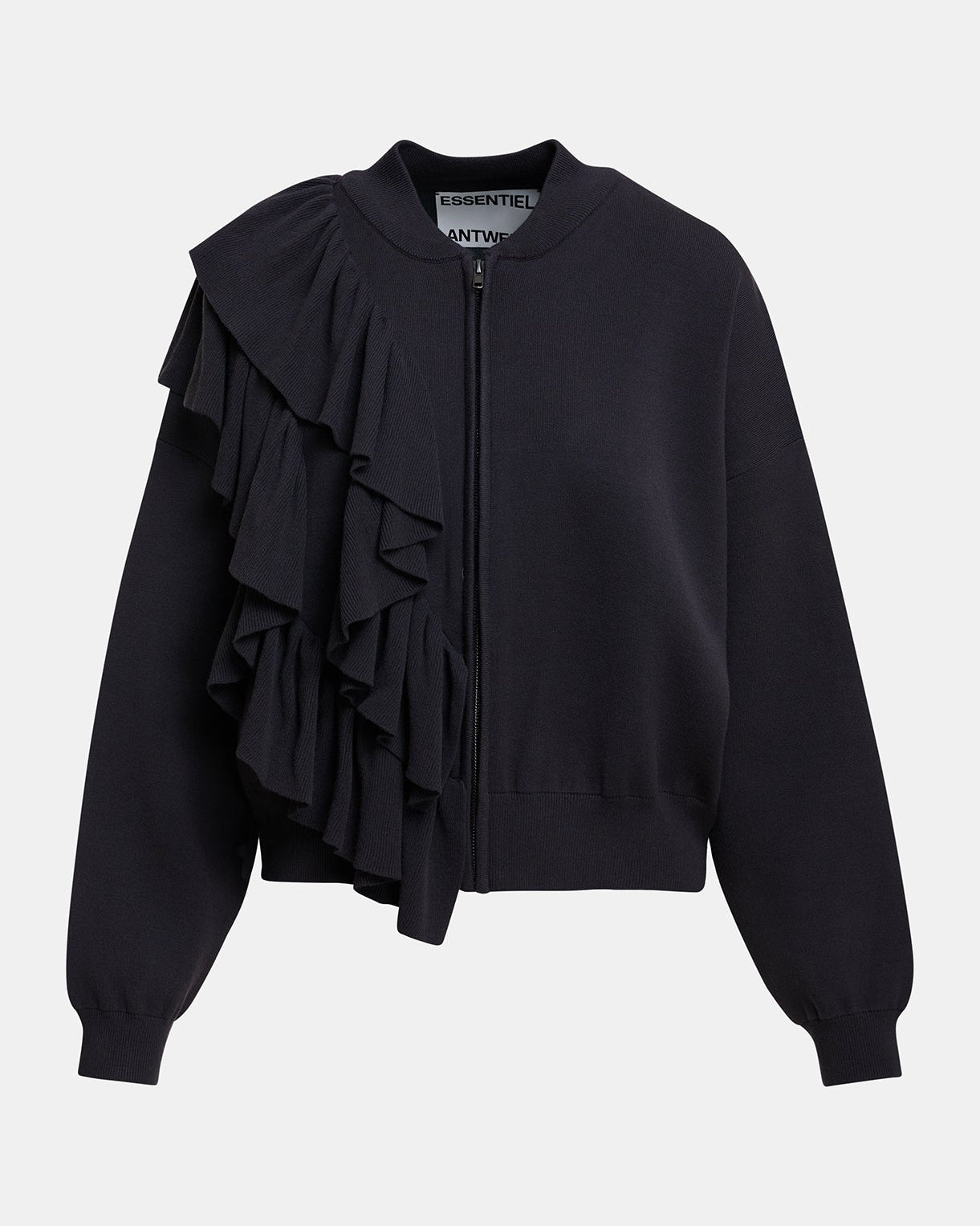 Black ruffled jacket on a light gray background