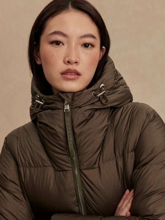 Katya Long Down Puffer - Dark Olive Metallic