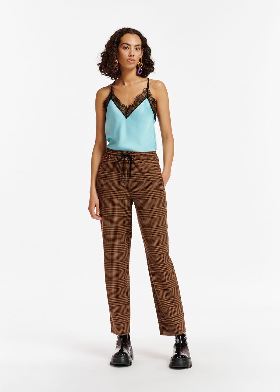 Brown Checked Tapered Leg Pants