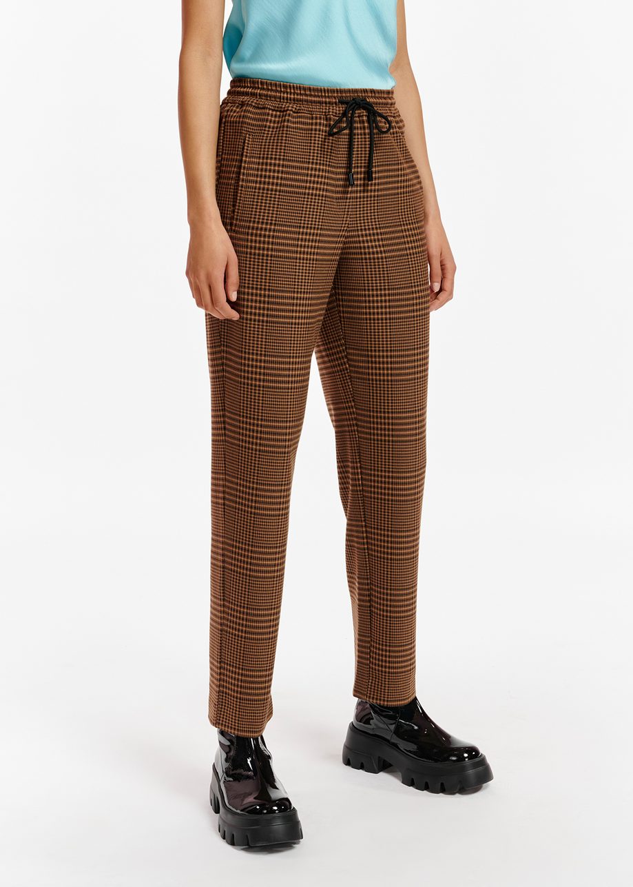 Brown Checked Tapered Leg Pants