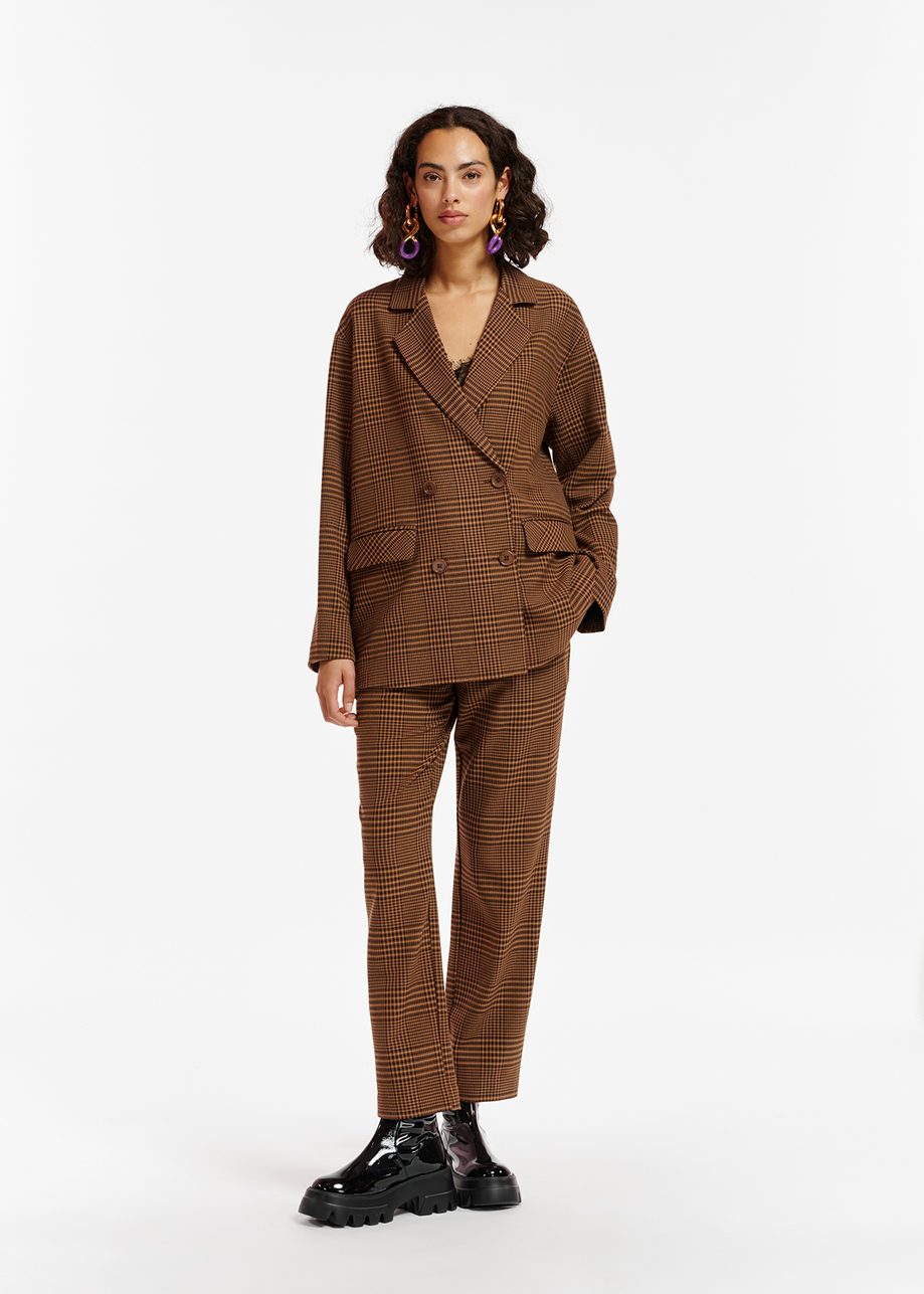 Brown Checked Tapered Leg Pants