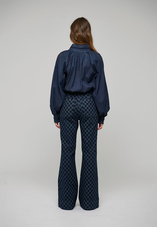 Monia Blouse with Stand Collar in Chambray Blue-Dea Kudibal-Lewis Yates