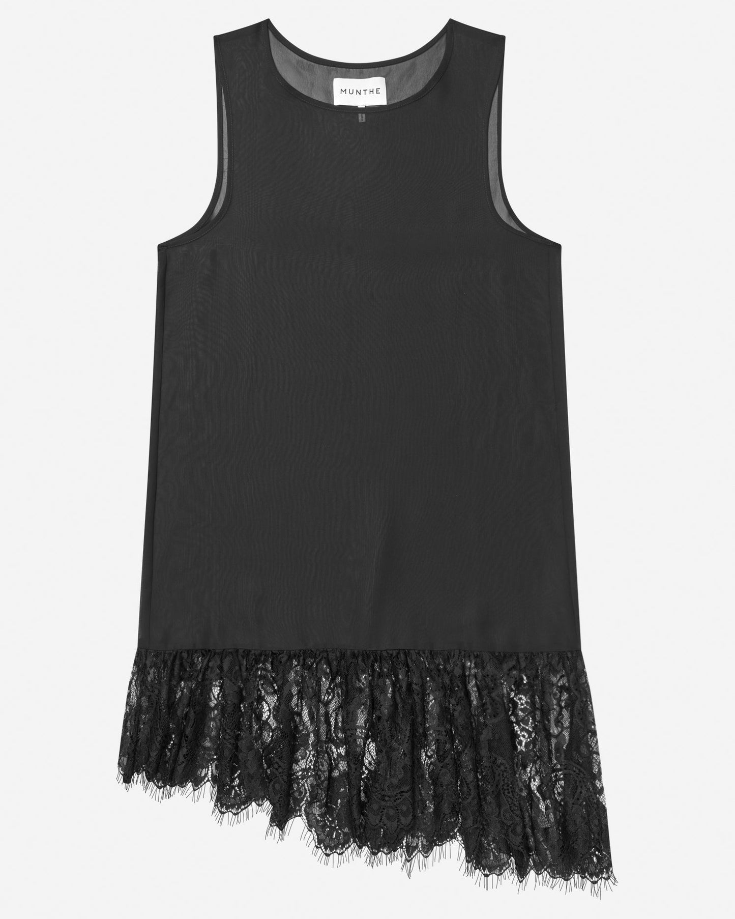 Black sleeveless dress with lace hem on a white background