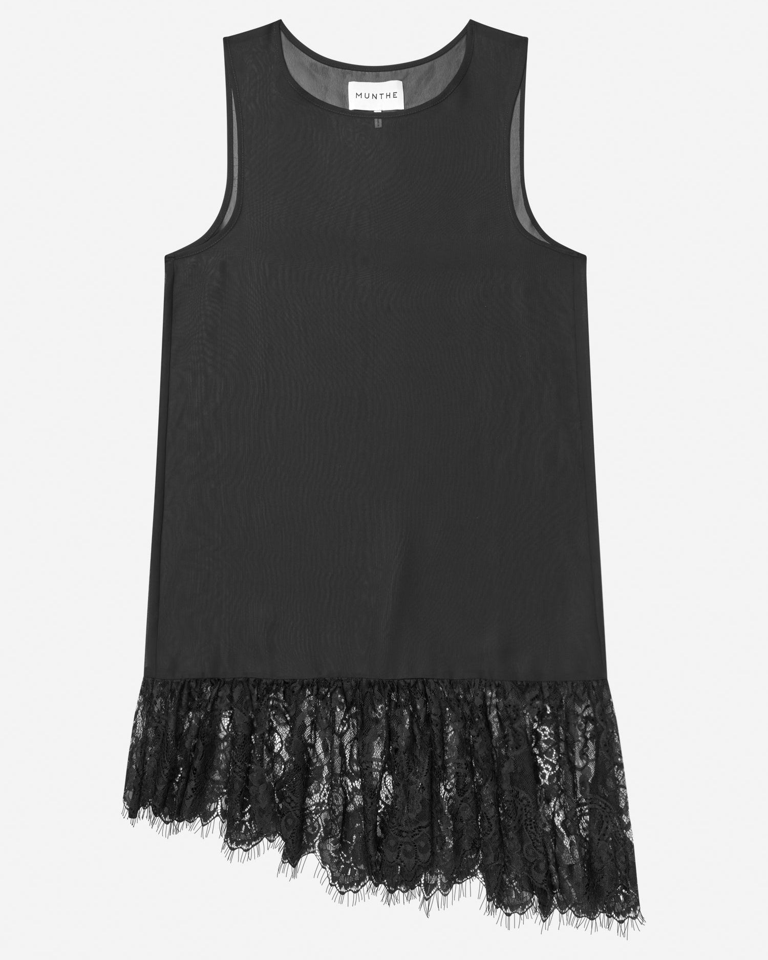 Black sleeveless dress with lace hem on a white background