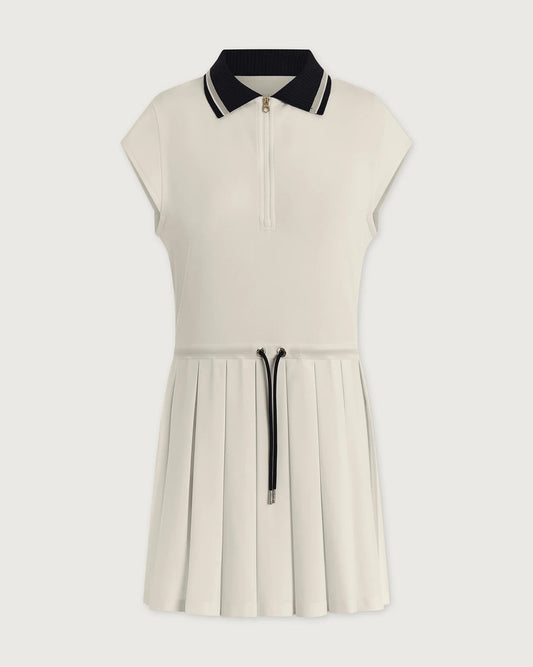 White dress with black trim on a white background