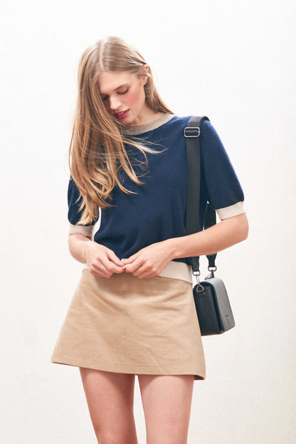 Many Contrast Knitted Cashmere T-Shirt Navy