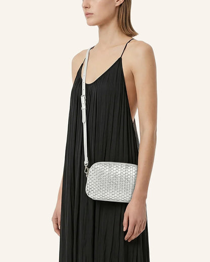 '1789' Small Woven Leather Crossbody Bag Silver