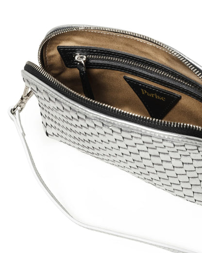 '1789' Small Woven Leather Crossbody Bag Silver