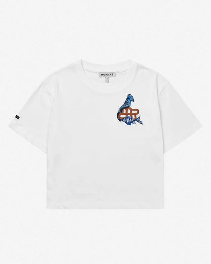 White t-shirt with colorful graphic design on a white background