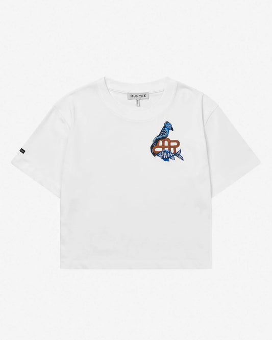 White t-shirt with colorful graphic design on a white background