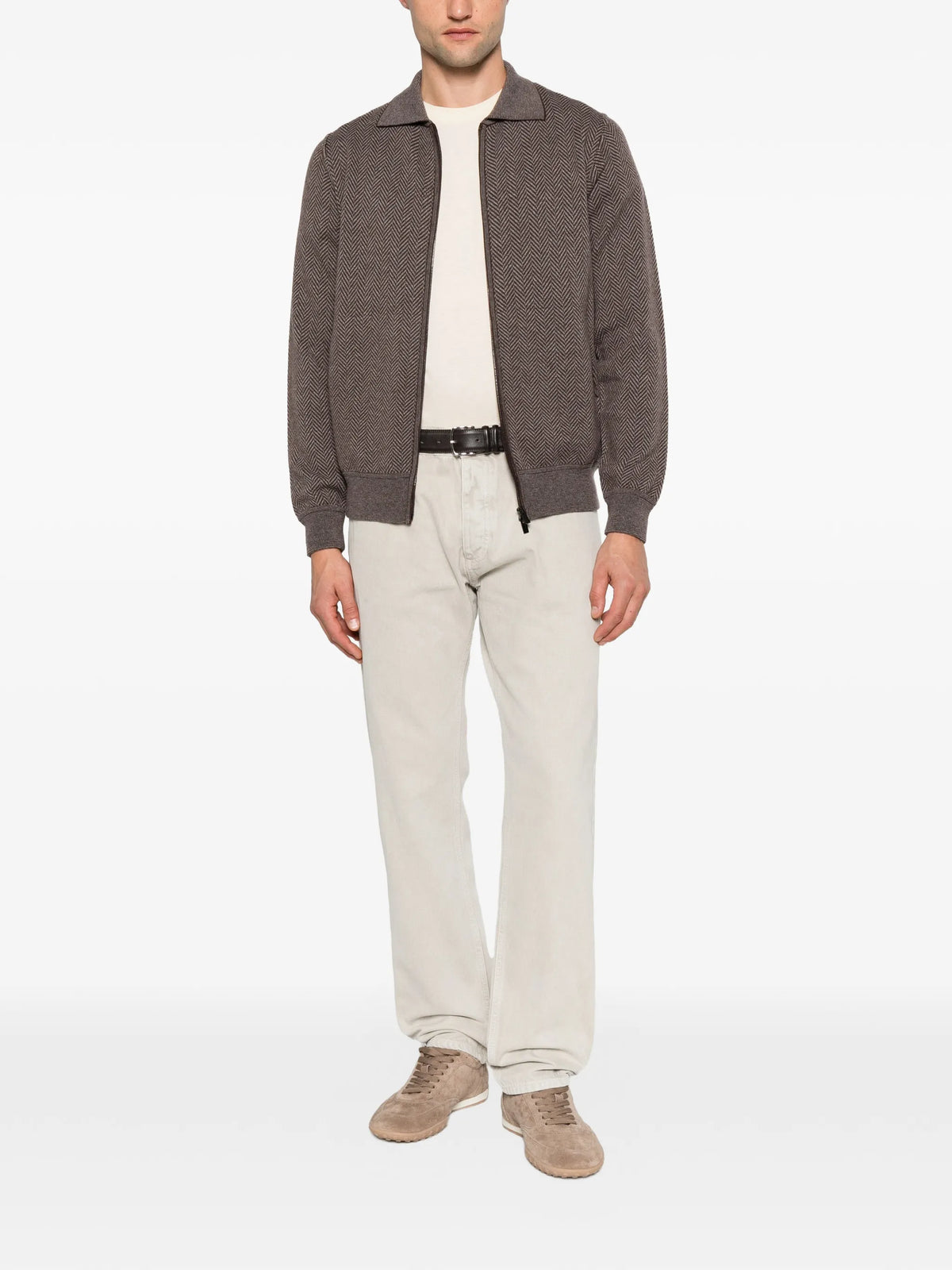 Herringbone Cashmere Zip Cardigan