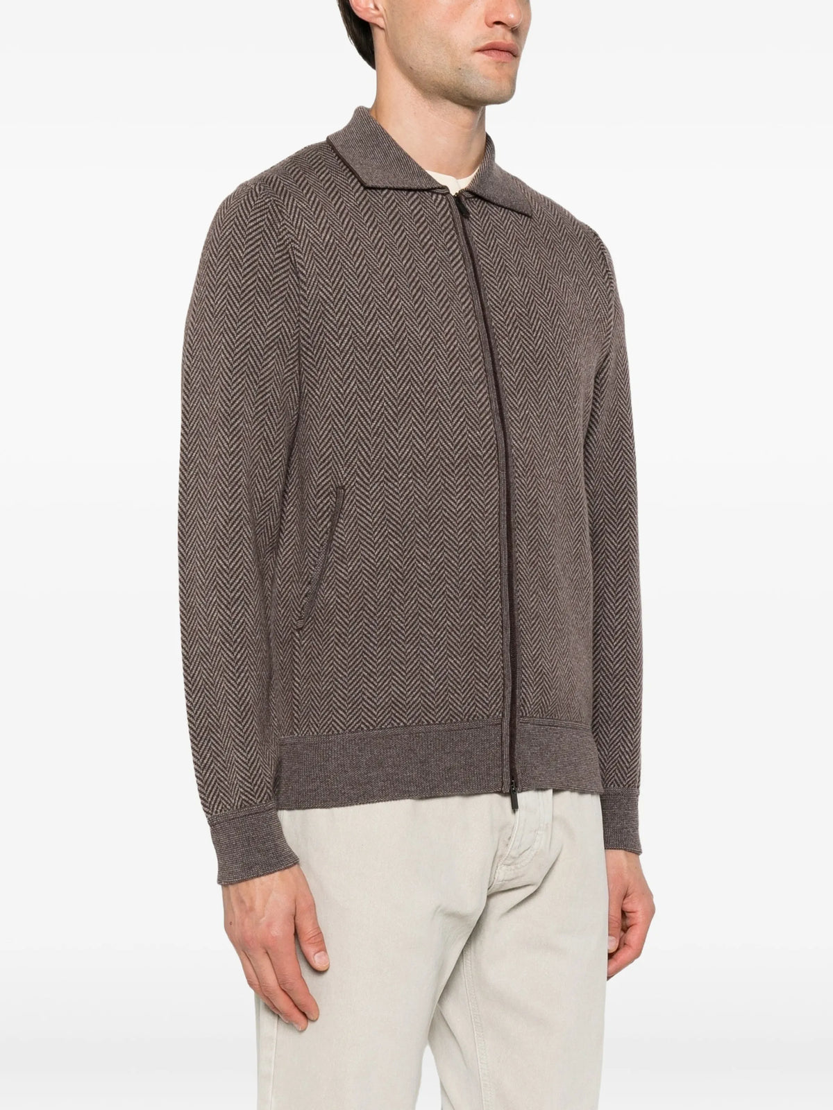 Herringbone Cashmere Zip Cardigan
