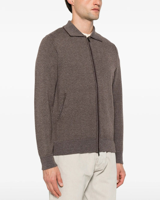 Herringbone Cashmere Zip Cardigan