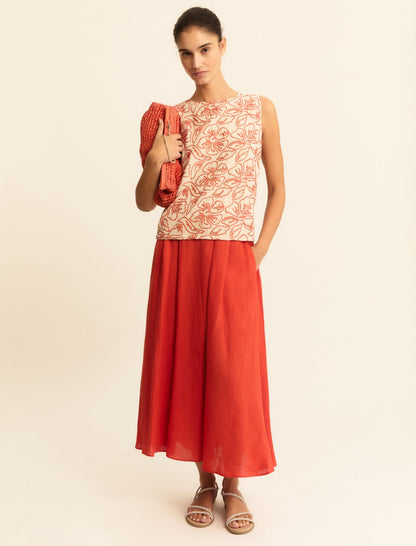 Pleated Linen Skirt in Geranium Red