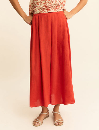 Pleated Linen Skirt in Geranium Red