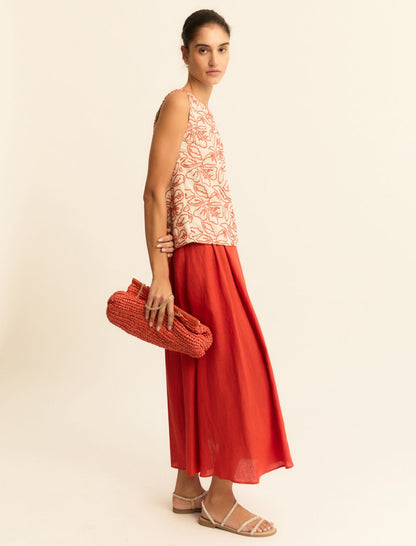 Pleated Linen Skirt in Geranium Red