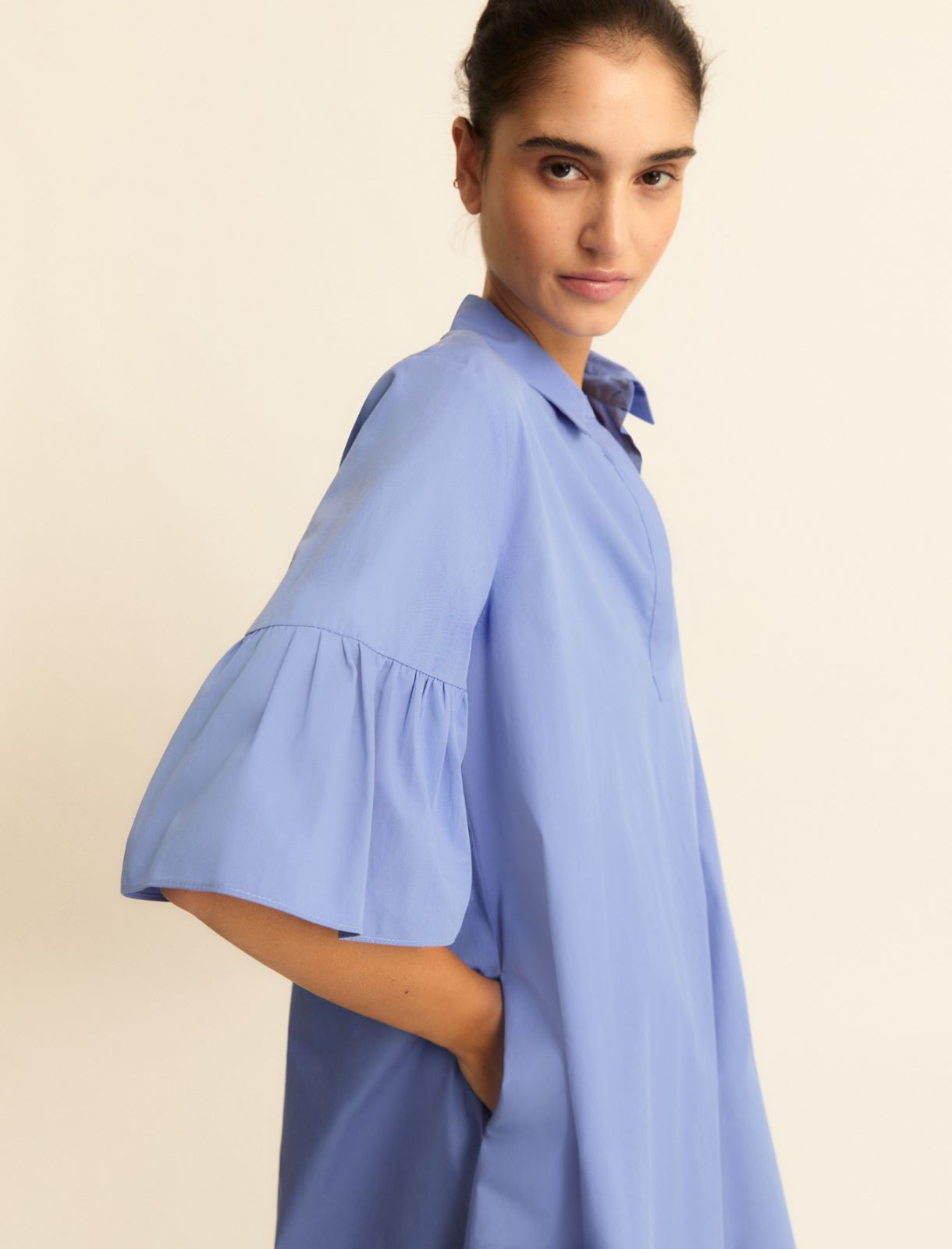 Flounce-sleeve poplin dress - Periwinkle Blue