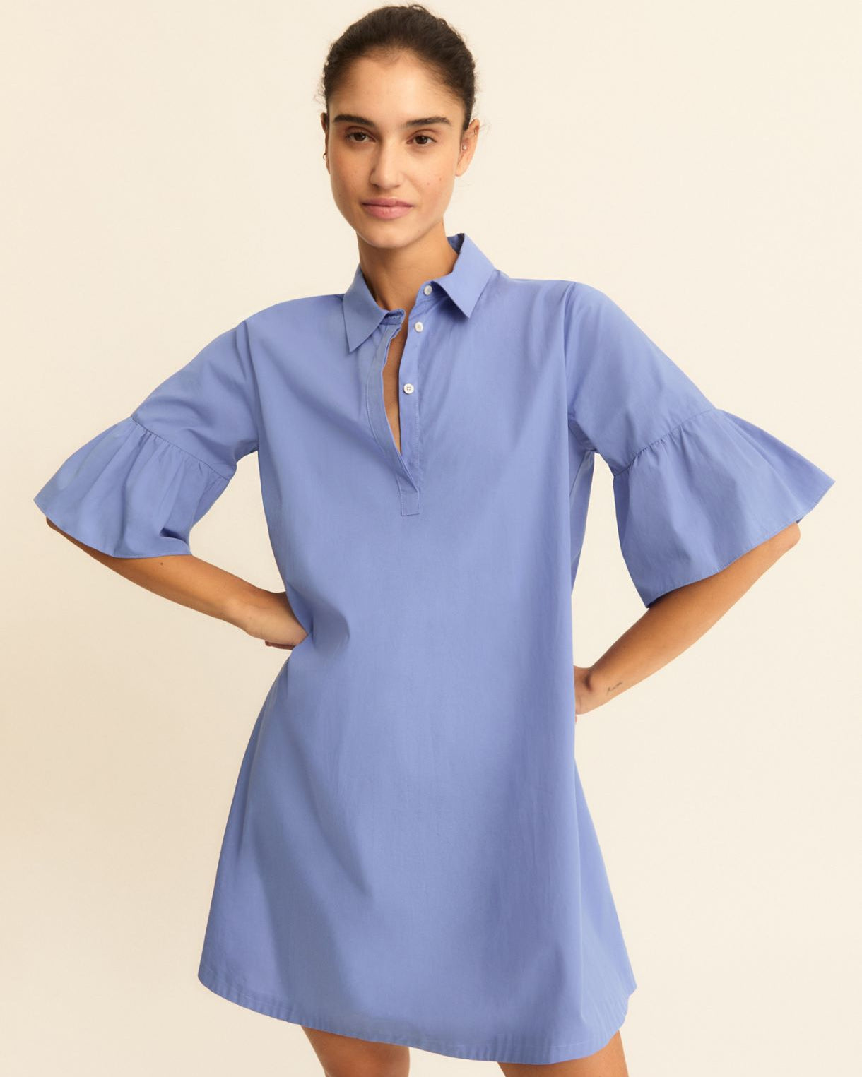 Flounce-sleeve poplin dress - Periwinkle Blue