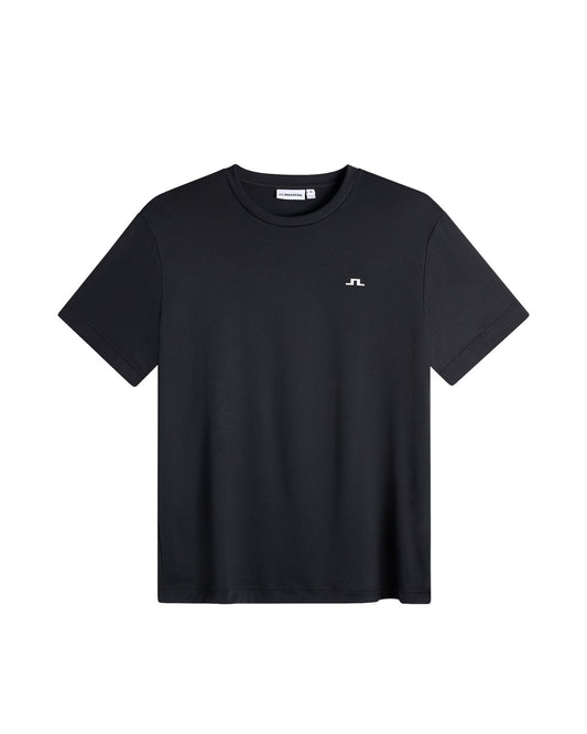 Black t-shirt with a small logo on a white background
