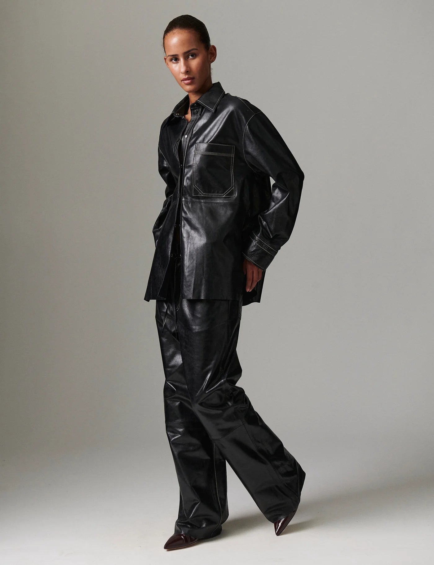 Andreas Polished Leather Shirt - Black