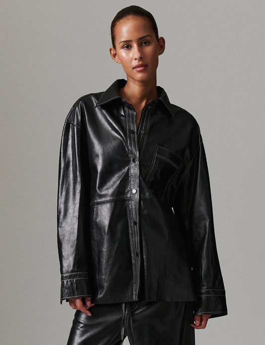 Andreas Polished Leather Shirt - Black