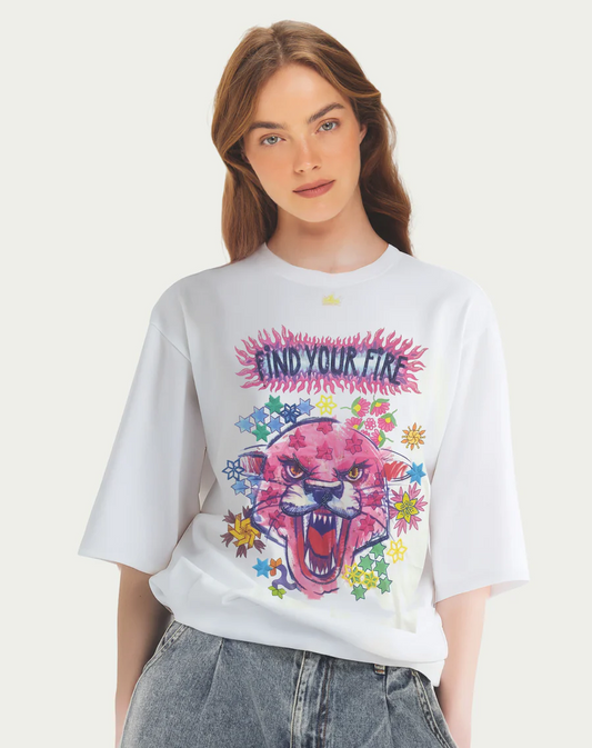 Angelina PINK Tiger and stars with 'find your fire' text Oversized T-Shirt by Me369 