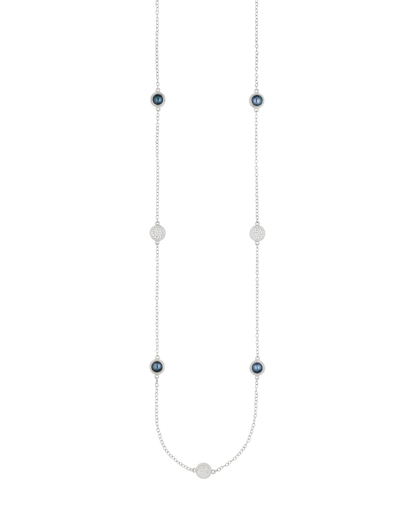 Long Blue Pearl Station Necklace