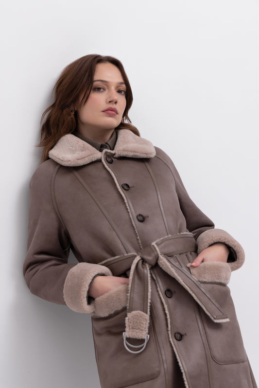 Reversible Belted Coat In Taupe