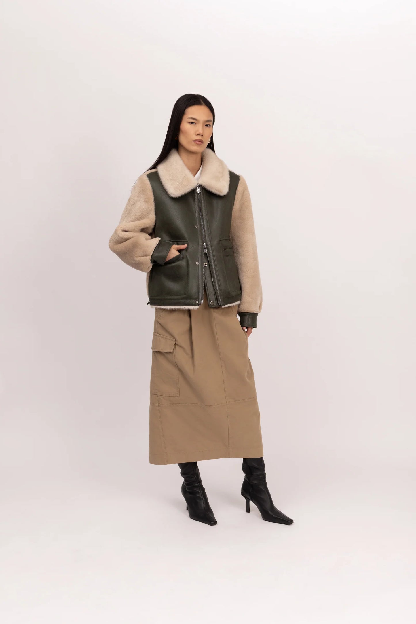Khaki shearling Bomber