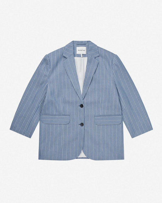 Blue striped blazer on a light gray background