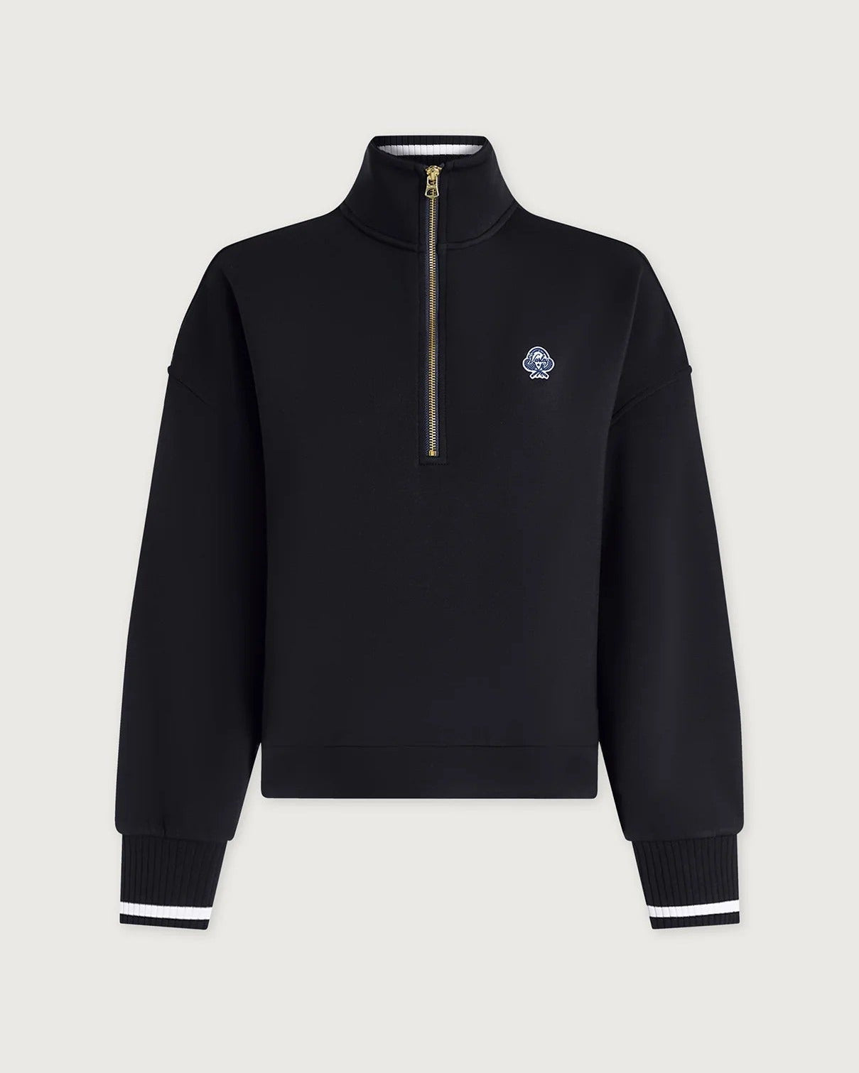 Black quarter-zip sweatshirt with a small logo on a light gray background