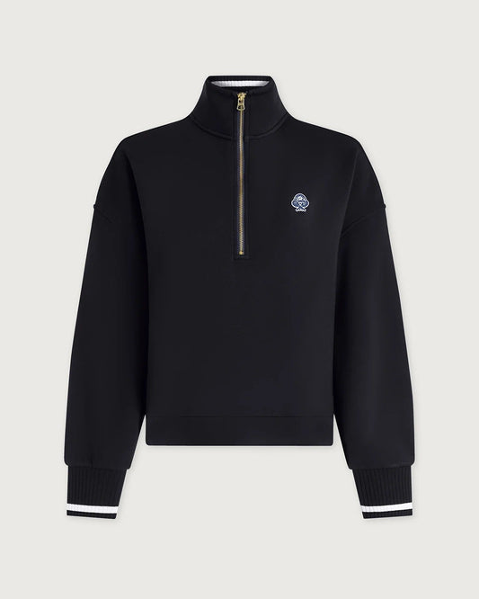 Black quarter-zip sweatshirt with a small logo on a light gray background