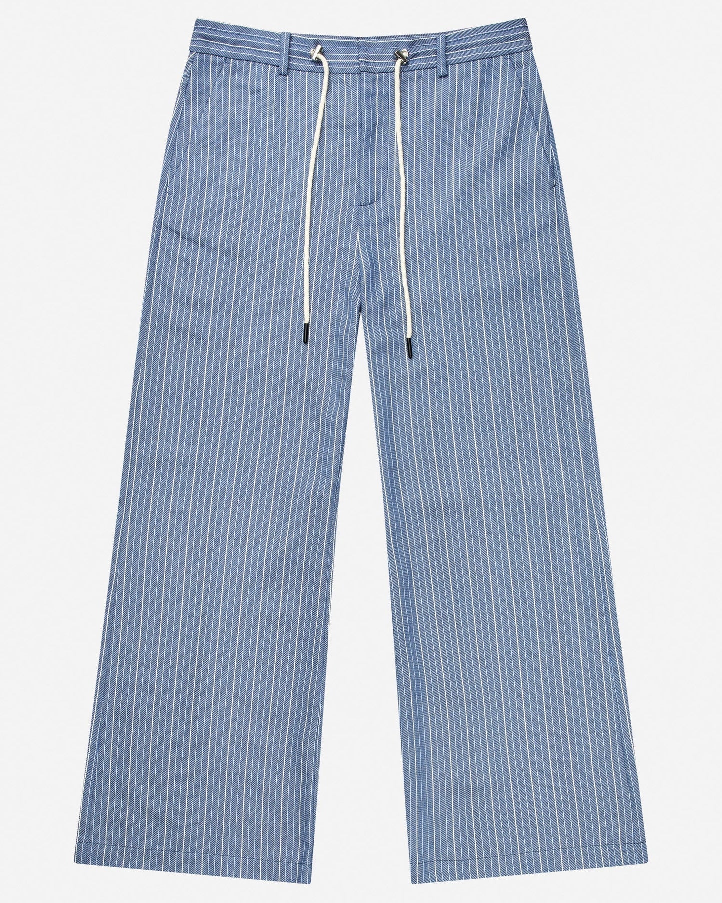 Blue striped pants with drawstring on a white background