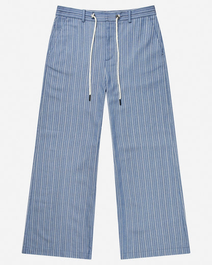 Blue striped pants with drawstring on a white background