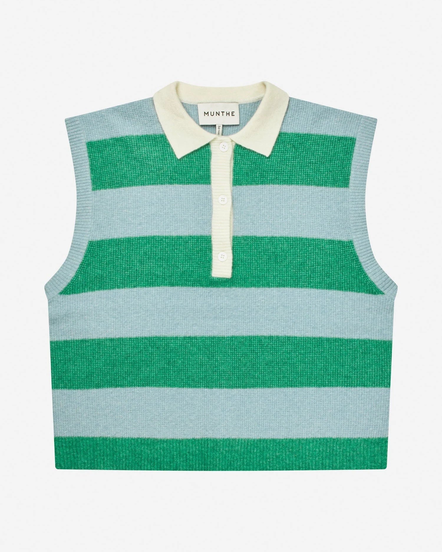 Green and light blue striped sleeveless sweater vest on a white background