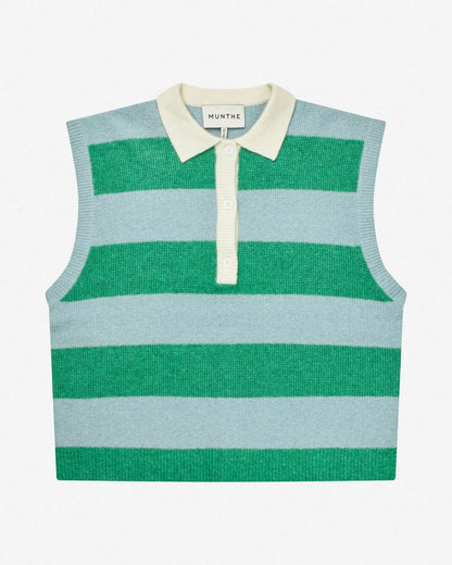 Green and light blue striped sleeveless sweater vest on a white background