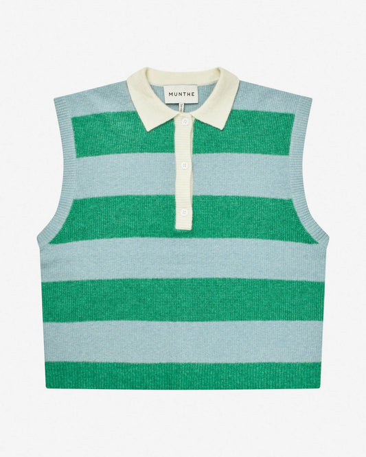 Green and light blue striped sleeveless sweater vest on a white background