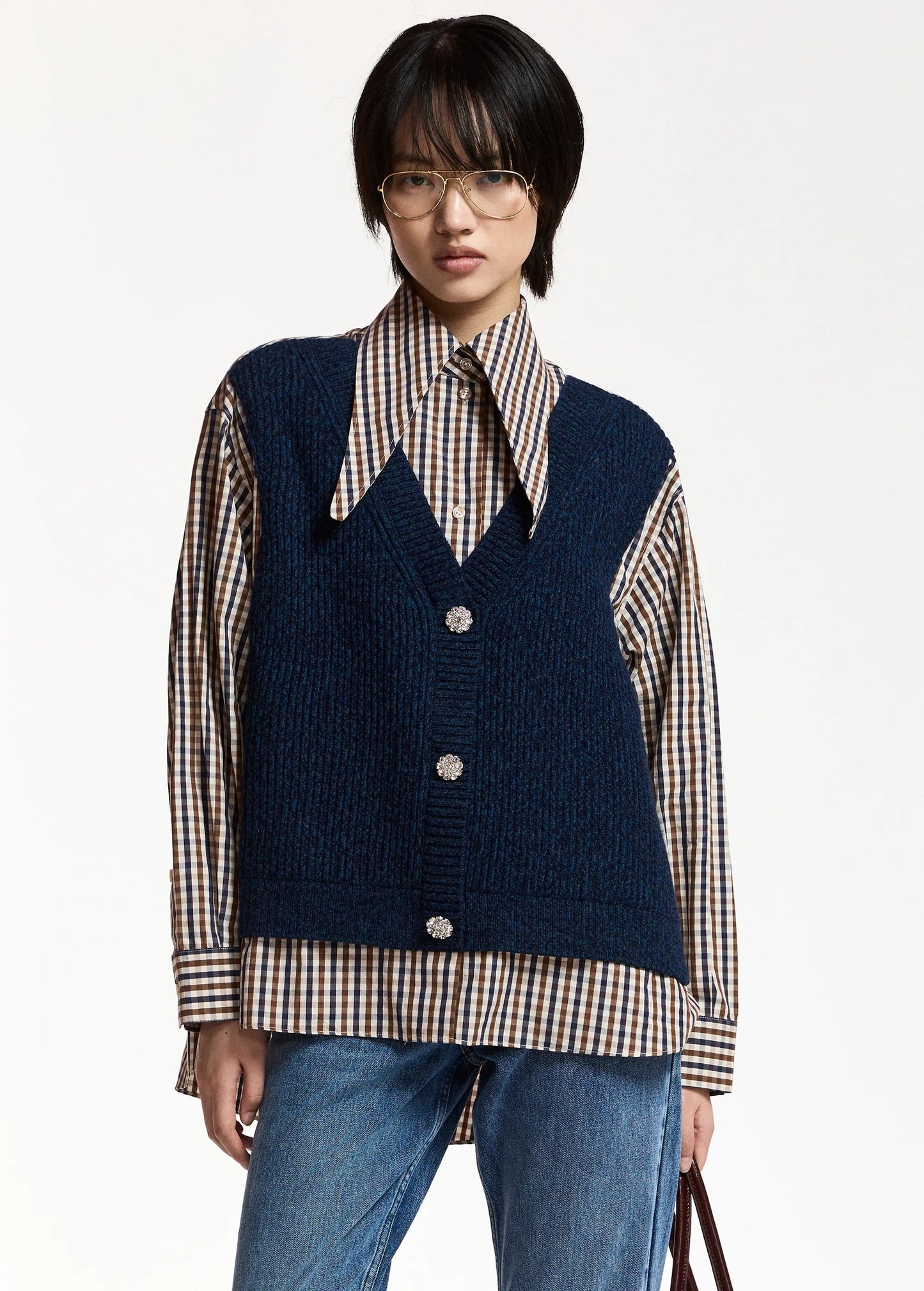 Checked Layered Mix Vest Shirt Shirt in Brown & Navy